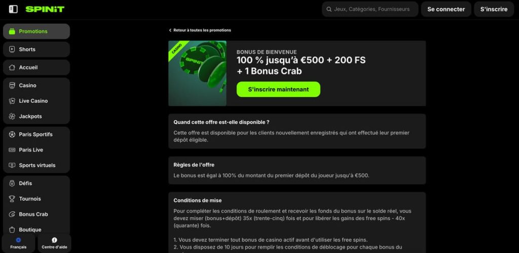 Spinit Casino bonus bienvenue