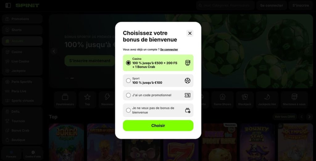 Spinit Casino inscription choix bonus bienvenue
