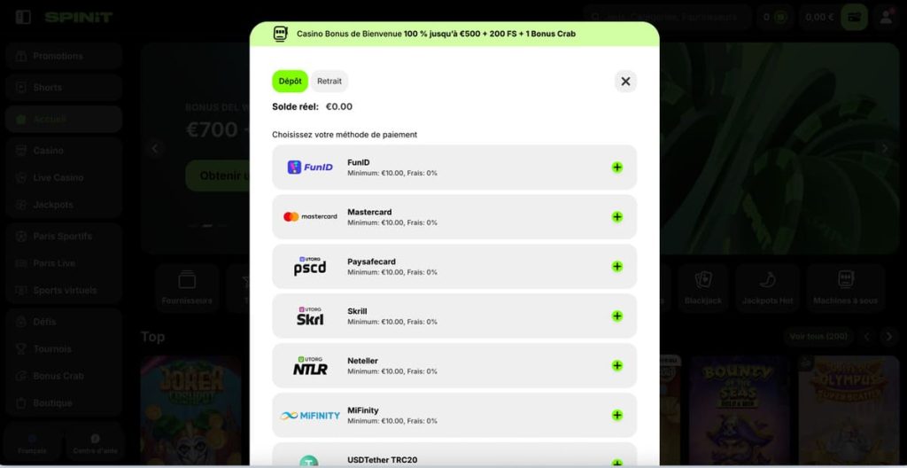 Spinit Casino moyens paiement